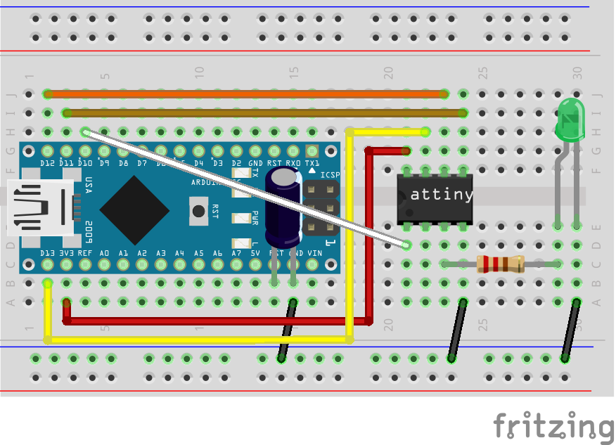 Схема підключення ATtiny13 до Arduino Nano в ролі програма́тора