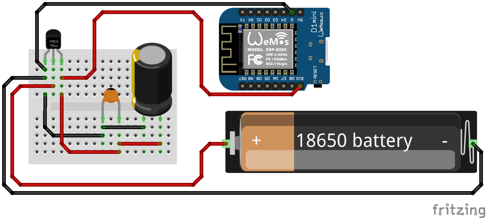 Схема підключення акумулятора 18650 та плати WeMos D1 mini через HT7333