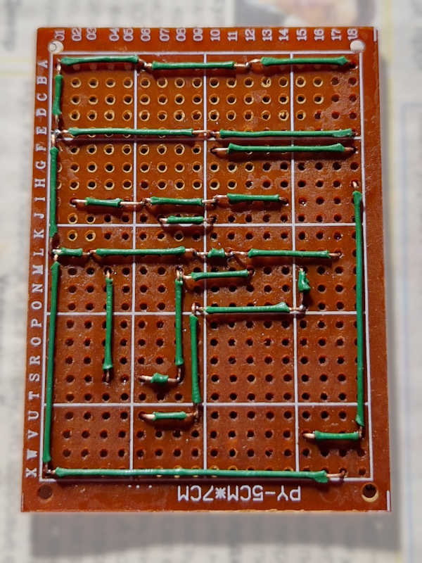 The board, top view, jumper wires after soldering (solder points on the other side)